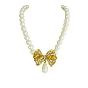 Vintage Richelieu Rhinestone Pearl Necklace with Gold Bow & Rhinestone Drop